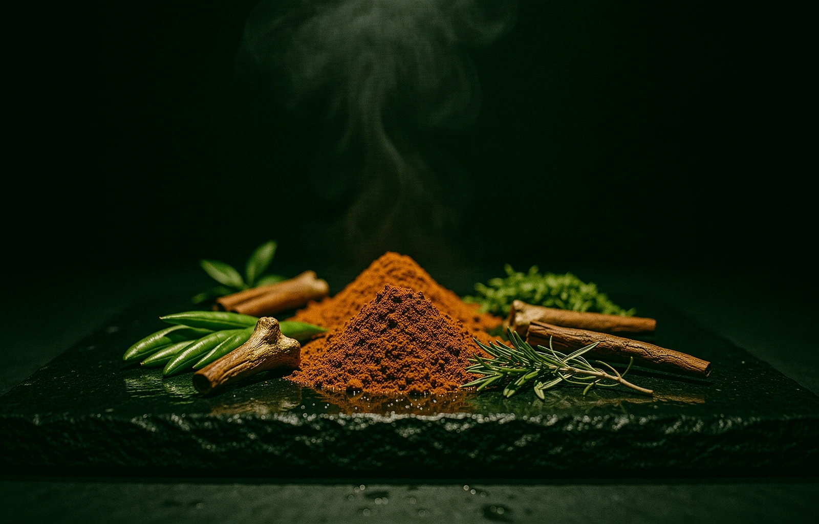 Rempah-rempah tradisional Indonesia di atas batu vulkanik